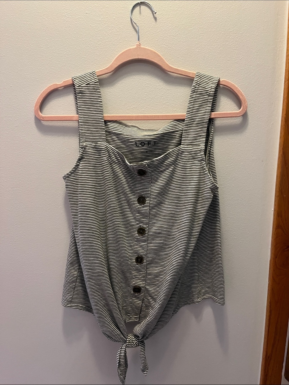 LOFT Gray & White Striped Button-Front Tie Tank